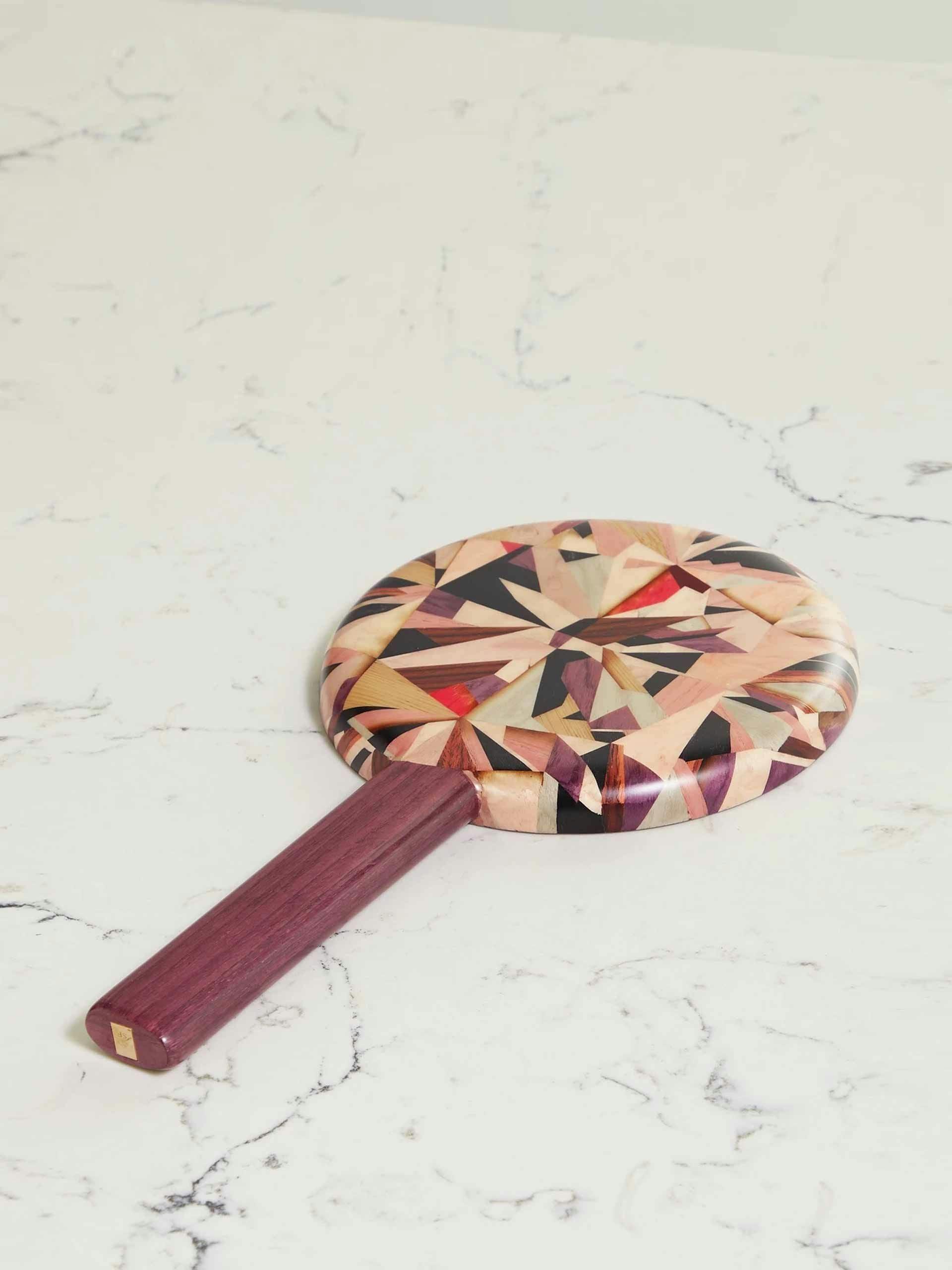 Marquetry wood hand mirror