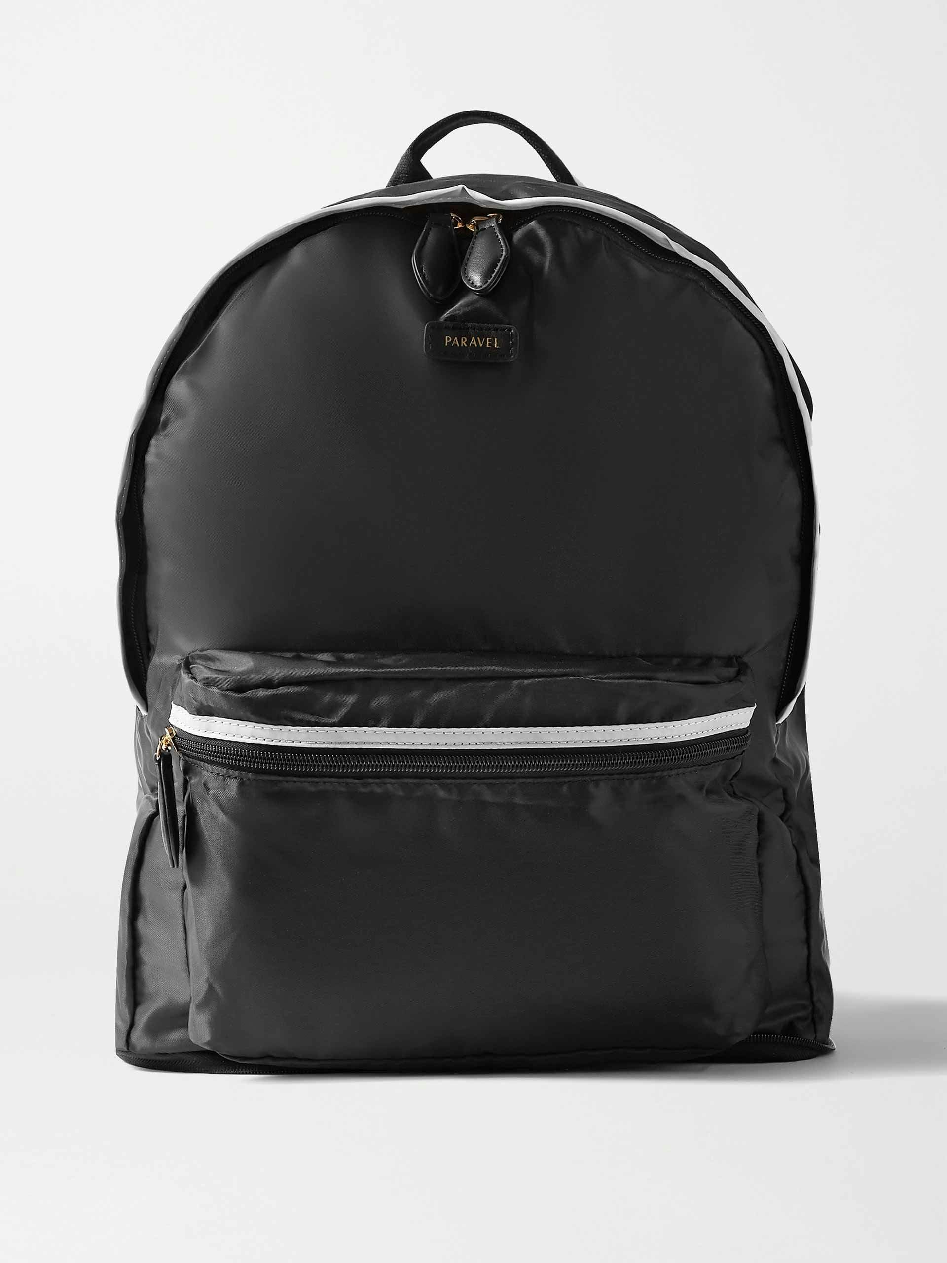 Black fold-up vegan leather shell backpack