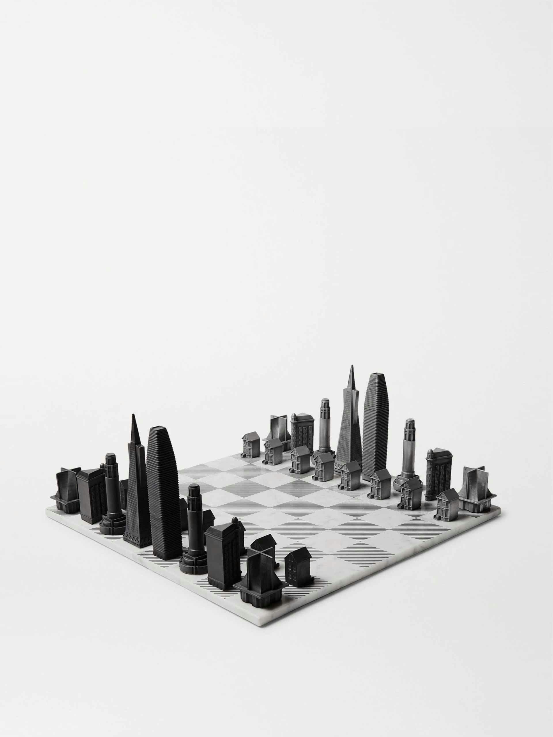 San Francisco marble chess and gunmetal-tone set