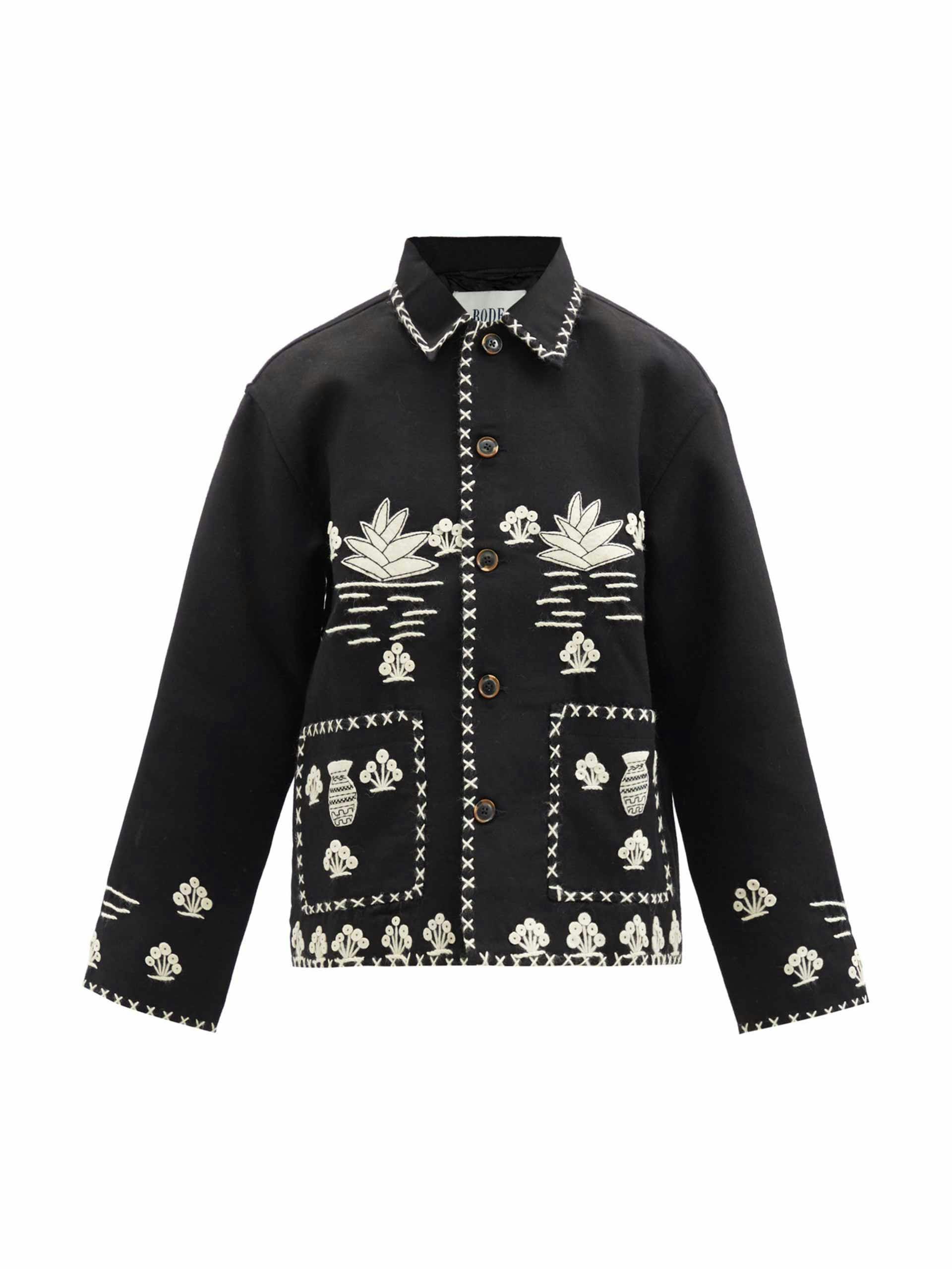 Black plant-applique merino jacket