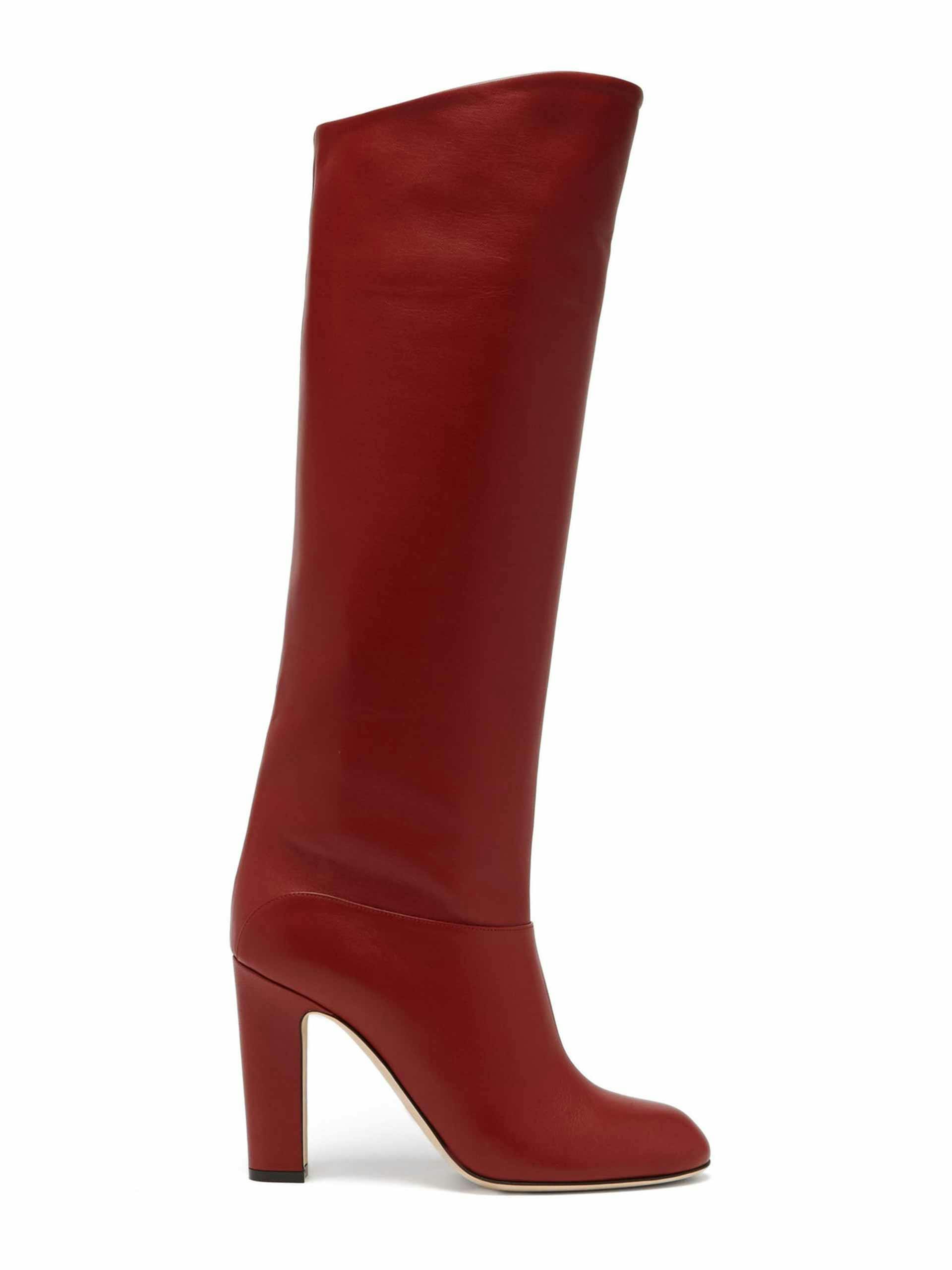 Red leather knee high boots