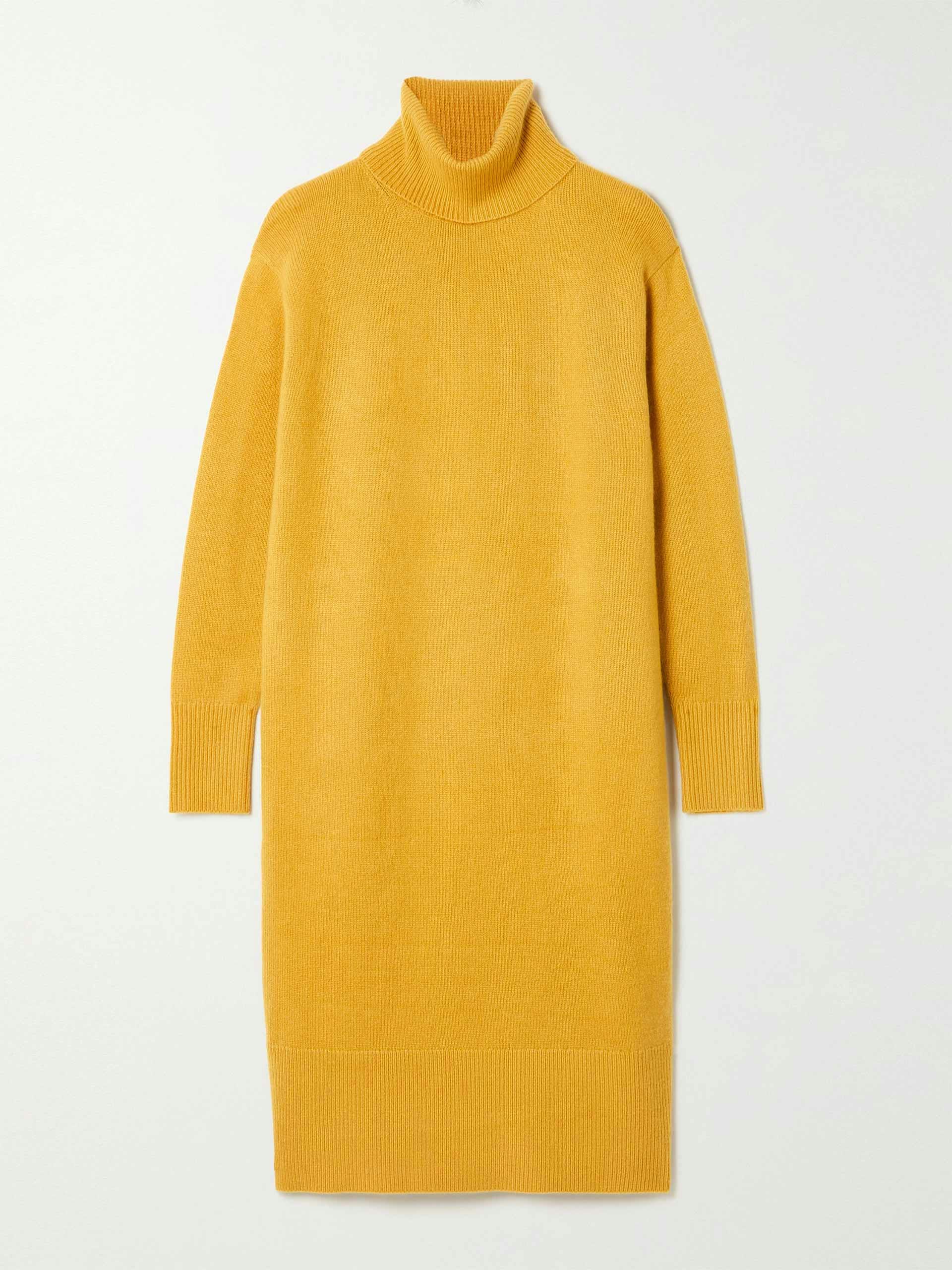 Yellow cashmere turtleneck midi dress