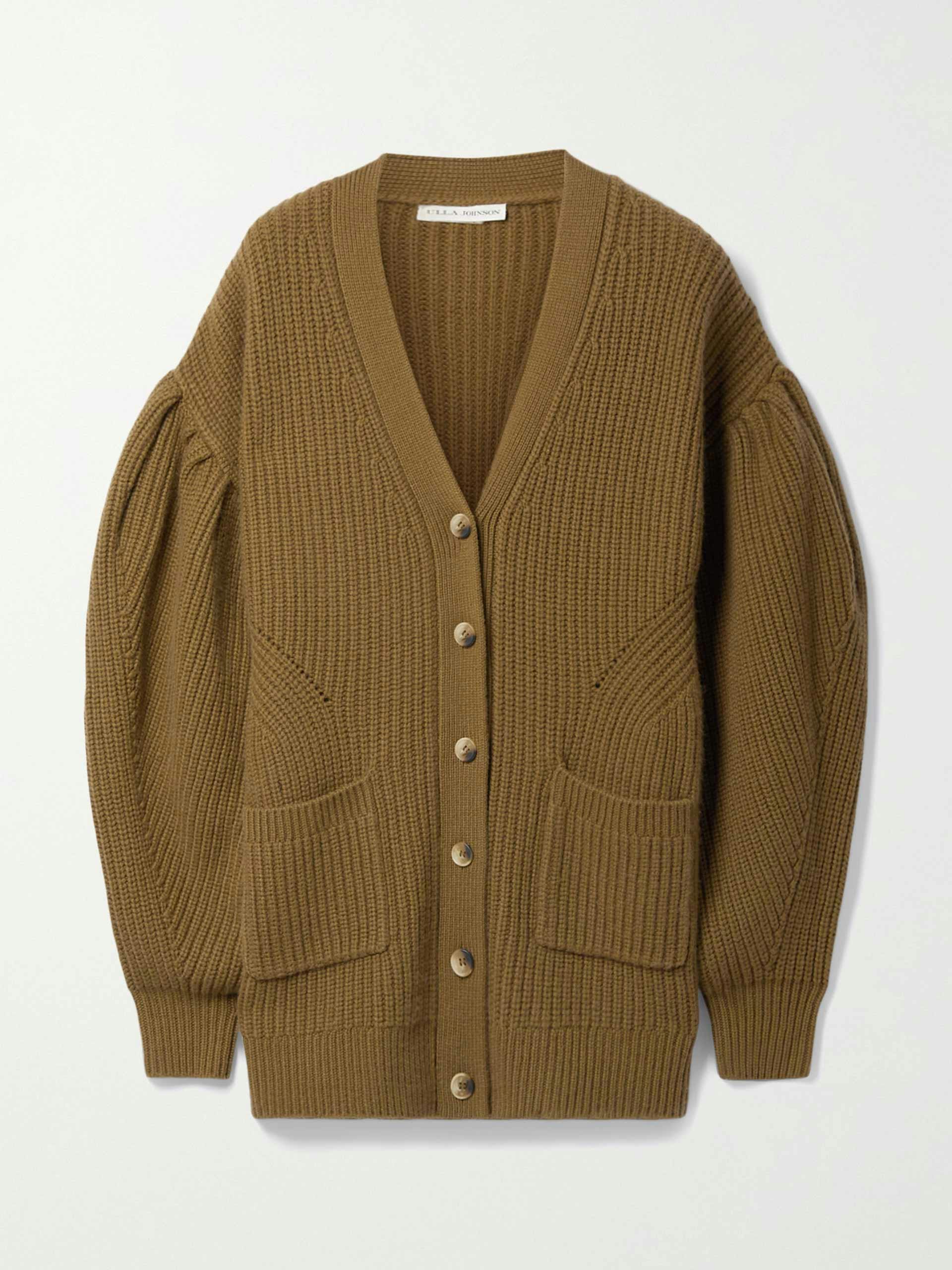 Brown ribbed wool and cashmere-blend cardigan